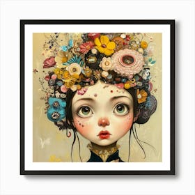 Girl With Flowers On Her Head Art Print