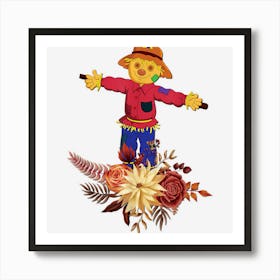 Fall Scarecrow And Flowers Friendly Cute Autumn Thanksgiving Art Print