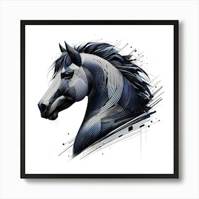 Horse Head In Black And Blue Lineart Drawing Art Print