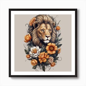 Lion With Flowers Art Print