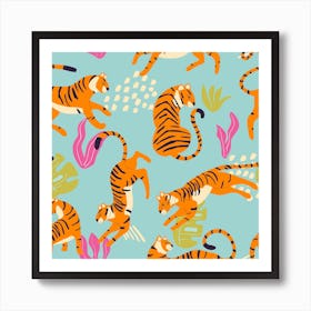 Tiger Pattern On Blue With Tropical Leaves Square Art Print