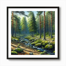 Stream In The Forest, Acrylic Painting Style 5 Art Print