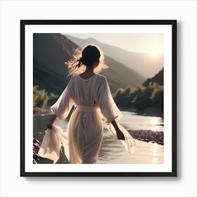 Woman In White Robe Walking By River Art Print