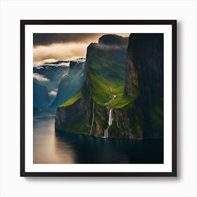 Waterfall In The Fjords Of Norway Art Print