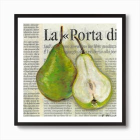 Pear On Newspaper Food And Fruit Green Minimal Kitchen Rustic Farmhouse Decor Art Print