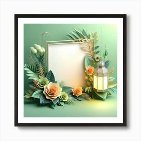 Frame With Flowers And Lantern 2 Art Print