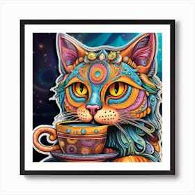 Cat With A Cup Of Tea Whimsical Psychedelic Bohemian Enlightenment Print 1 Art Print