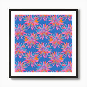 DAHLIA BURSTS Multi Abstract Blooming Floral Summer Bright Flowers in Fuchsia Pink Purple Blue Orange on Royal Blue Art Print