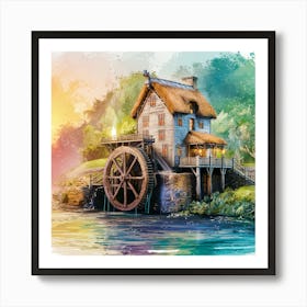 Watercolor Watermill By The River Art Print