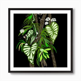 Ferns And Leaves tropical wooden branches Art Print
