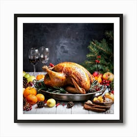 Vintage Style Watercolor Of A Roasted Turkey On A Silver Platter Surrounded By An Array Of Autumnal Art Print