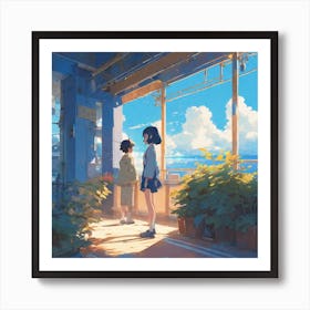 Two Girls Standing In Front Of A Window Art Print