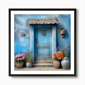 Blue wall. An old-style door in the middle, silver in color. There is a large pottery jar next to the door. There are flowers in the jar Spring oil colors. Wall painting.10 Art Print