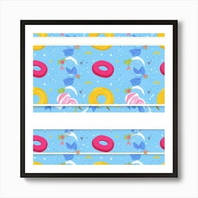 Abstract Happy Shower Scene Seamless Paper Design Featuring A Geometric Pattern Of Donuts With Ribb (4) Art Print