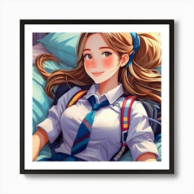 Anime Girl Laying In Bed Art Print