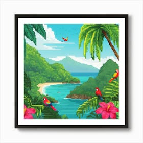 Tropical Paradise Pixel Art, Tropical, pic cell art, good flowers, nice colors, flowers, trees, digital art of nature, wall art of birds, wall art of flowers, wall art of greenery Art Print