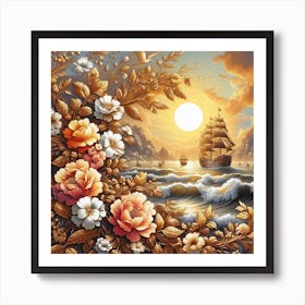 A magical sunset on a sailing ship in the ocean Art Print