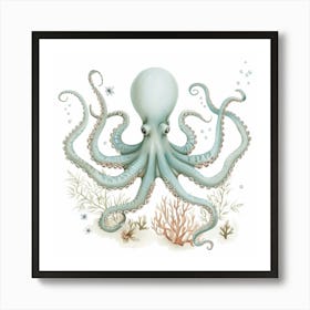 Storybook Style Octopus With Fish & Aqua Marine Plants 1 Art Print