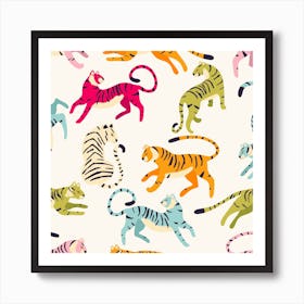 Colorful Tiger Pattern On White Square Art Print