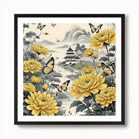 Chinese Landscape With Chrysanthemums And Butterflies, Yellow And Black Art Print