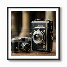 Old Fashioned Camera Cloaked In A Black Slim Case Placed Alongside A Vintage Compact Still That Fe (1) Art Print