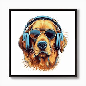 Golden Retriever Glasses with Headphones Art Print