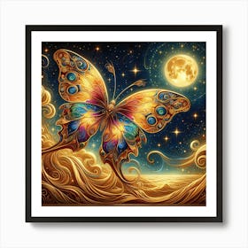 Celestial Butterfly in Green & Gold with Moon III Art Print