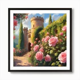 Castle Garden with Pink Roses 2 Art Print