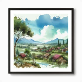 Watercolor Village Background Art Print