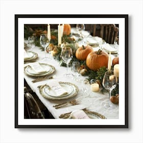 An Old World Thanksgiving Feast Waiting To Unroll In Watercolor Vintage Table Setting With Metallic Art Print