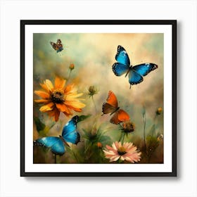 Three Butterflies And Flowers (2) Art Print