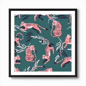 Pink Tiger Pattern On Green With Decoration Square Poster