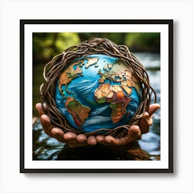 A Hand Of Earthy Brown Weaves Cradling A Detailed Miniature Globe Veins And Tendons Popping Against (5) Art Print