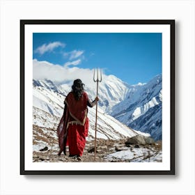 Firefly Graceful Indian Woman With Trident Walking Towards Snowy Hills 78325 Art Print