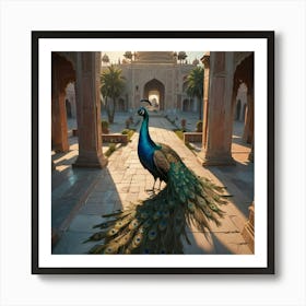 Peacock In Taj Mahal Art Print