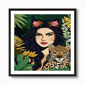 Leopard And Girl In Jungle Art Print