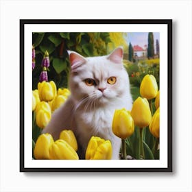 White Cat In Tulips Art Print