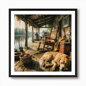 At Home With Friends, An Old Dog Rests On Fish Camp Porch As Sunset Approaches After Spending A Long Day On The Water With His Master Fishing and Crabbing Art Print