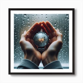 Hands Holding A Watch In The Rain Art Print