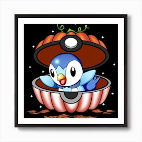 Piplup In Pumpkin Ball - Pokemon Halloween Art Print