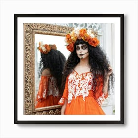 Gothic Fashion Portrait Girl With Oversized Eyes And Curly Hair Adorned With A Floral Wreath Oran Art Print