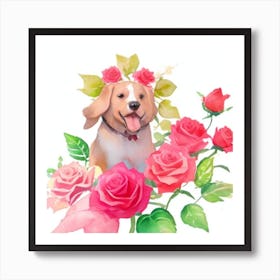 Beagle Dog With Roses Art Print