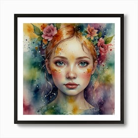 Watercolor Of A Girl With Flowers 7 Art Print