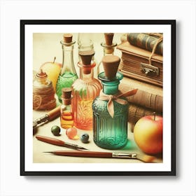 Book Of Spells And Colorful Glass Bottles Art Print