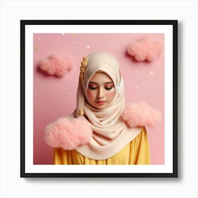 A beautiful young woman wearing a hijab stands in front of a pink background. The hijab is a light pink color, and the woman's skin is flawless. Her eyes are dark brown, and her lips are a soft pink. She is wearing a yellow dress, and her hair is covered by the hijab. The woman is surrounded by pink clouds, and she has a serene expression on her face. The image is peaceful and calming, and it evokes a sense of tranquility. Art Print