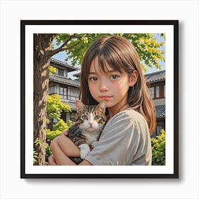 Girl With A Cat Art Print