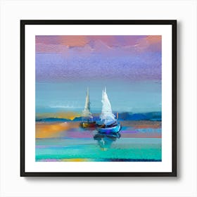 Sailboats At Sunset.Printed wall painting, high-level art. Art Print