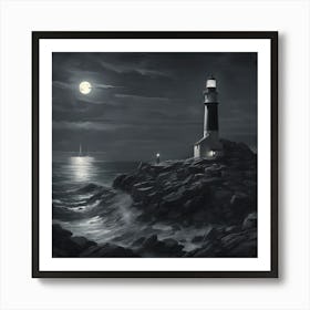 A Picturesque Lighthouse Standing Tall On A Rocky Coastline, Guiding Ships At Night Art Print