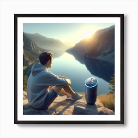 Man Sitting On A Rock Looking At The Lake Art Print