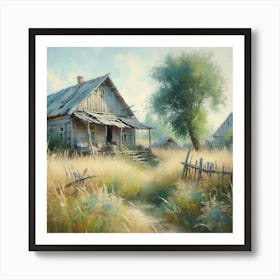 House In The Countryside And Small Path Among The Grass, Acrylic Painting Style Art Print